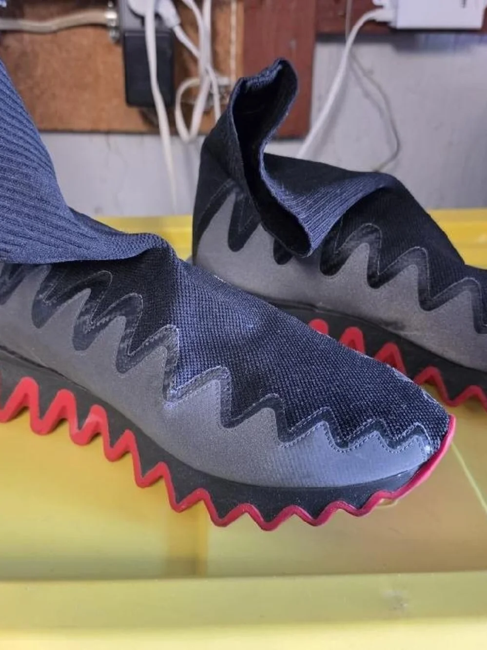 Christian Louboutin Black and Red Men\'s Athletic Slip-On Sneakers Christian Louboutin Black Stretch Fabric Spike Sock... | Depop main image 3